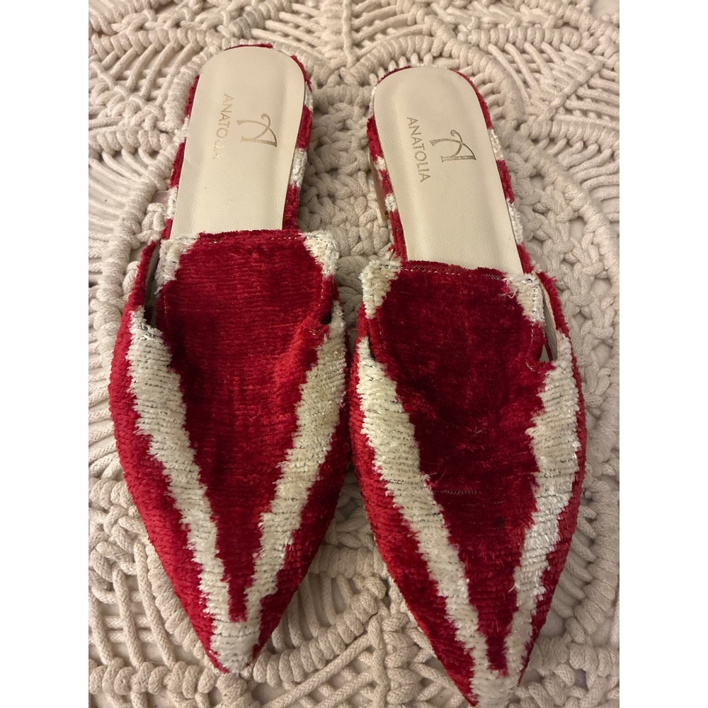 Anatolia Ikat Velvet Mules Red Cream Chevron Pointed Toe Slides Women Size 38